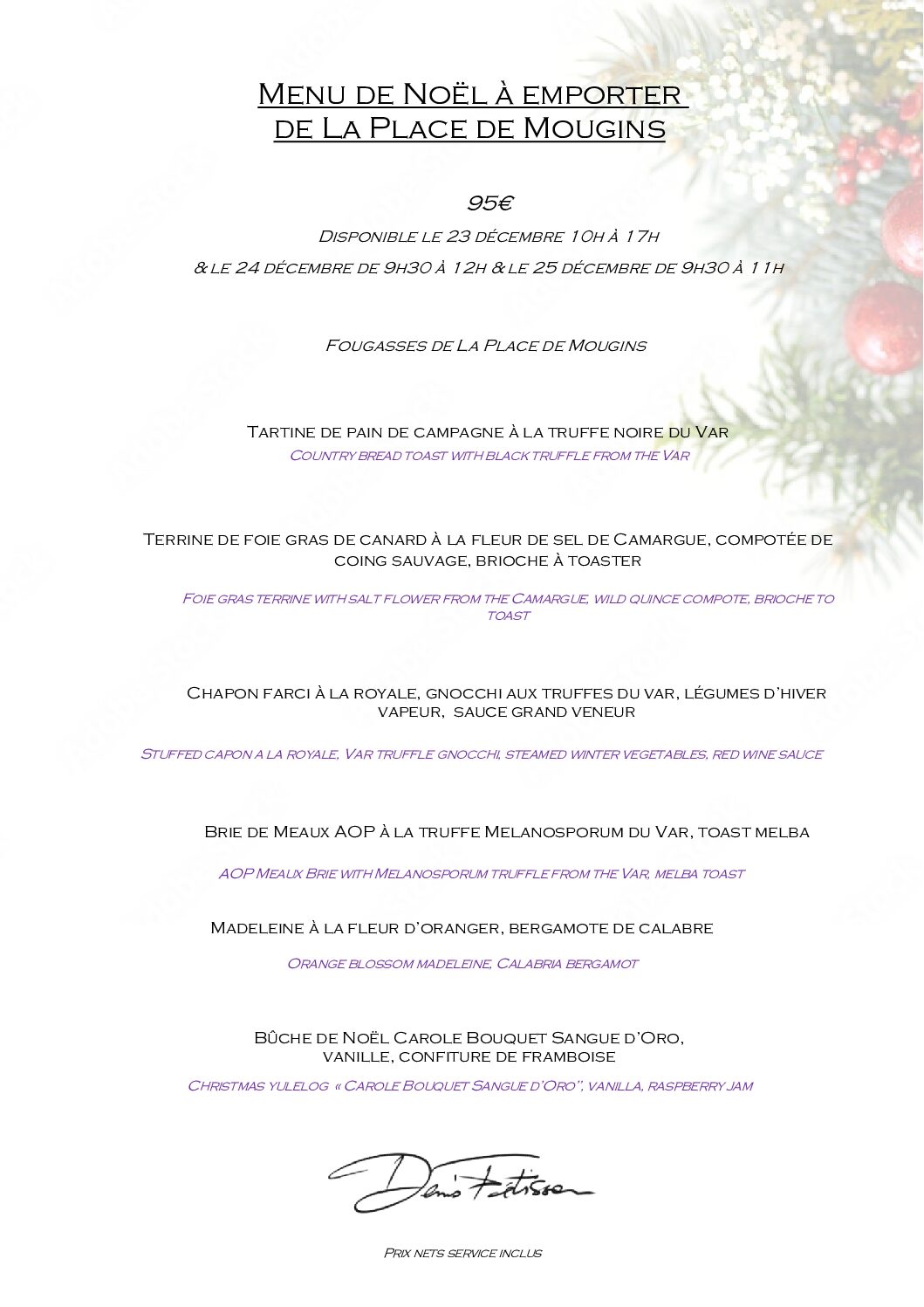 Menu de Noël à emporter